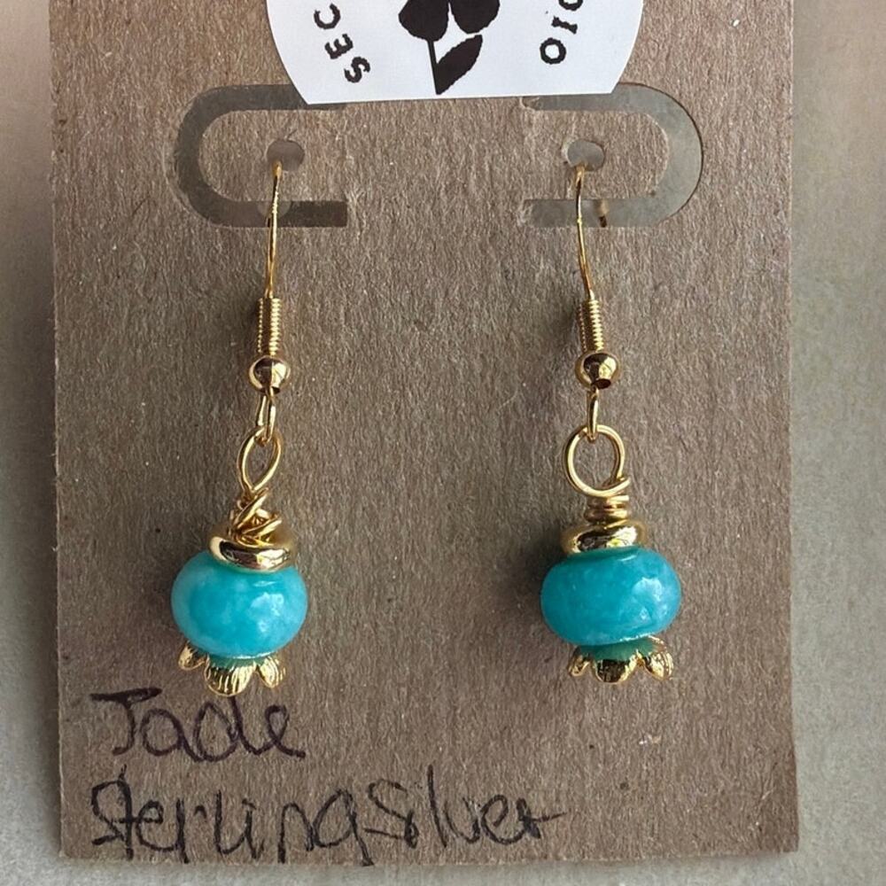 Jade Gemstone Earrings, Teal, Blue, Gold Over Sterling Silver, Flower